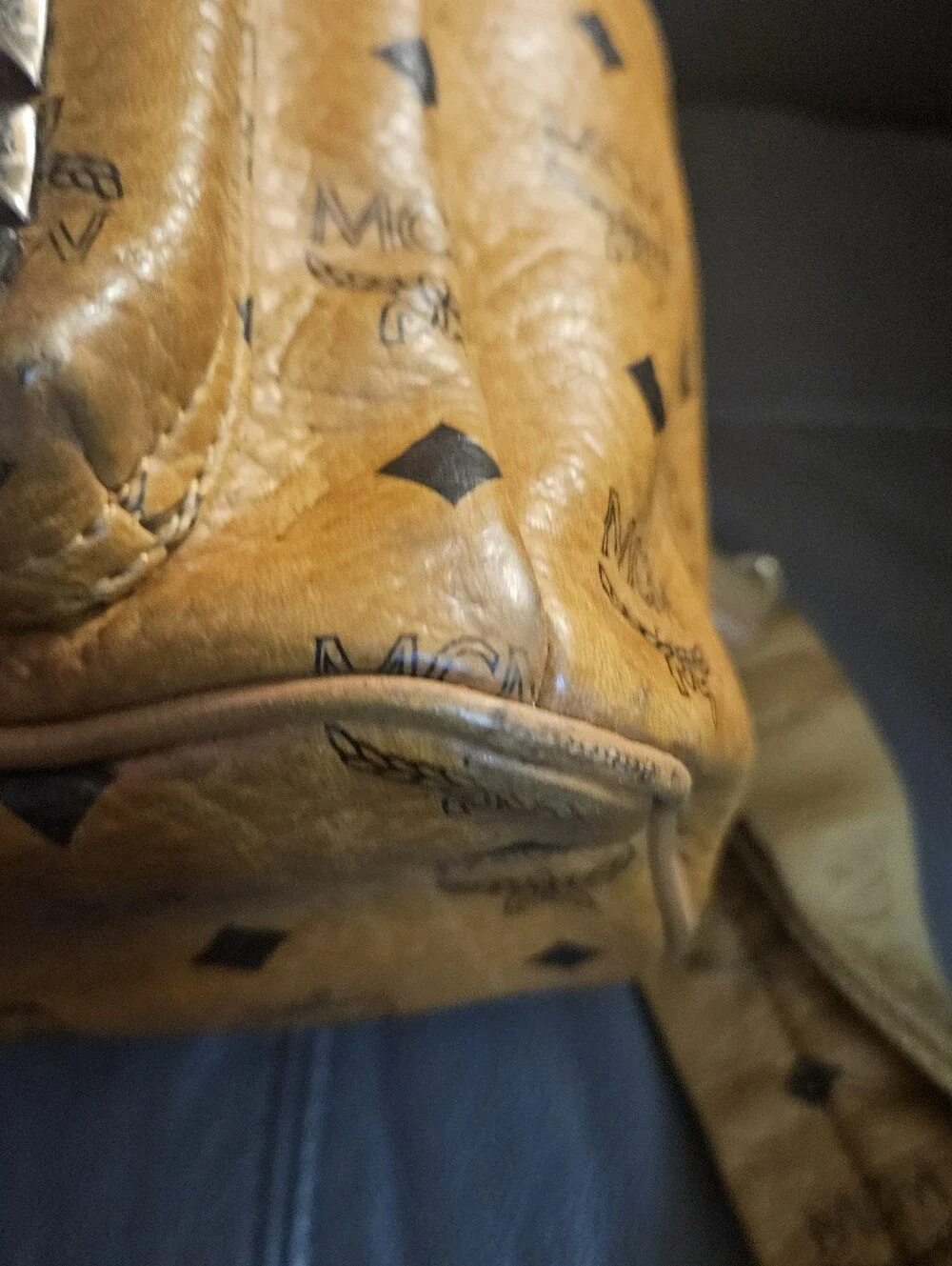 MCM Cognac Logo Studded Visetos Backpack with Gold Hardware